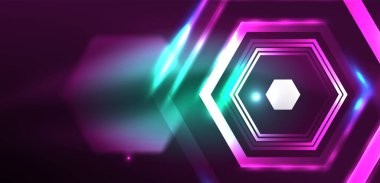 Soyut arka plan tekno neon altıgenleri. Duvar kağıdı, afiş, arkaplan, iniş sayfası, duvar resimleri, davetiye, baskılar, posterler için yüksek teknoloji vektör ilüstrasyonuName