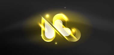 Neon parlayan geometrik şekiller vektör soyut arkaplanı. Yuvarlak elementler, ışık efektleri ve renk arkaplanlı parlak cam. Uzay kozmik ya da sihirli enerji duvar kağıdı