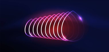 Neon lazer hatları, daire dalgaları soyut arkaplan. Neon ışığı ya da lazer gösterisi, elektrik akımı, güç hatları, tekno kuantum enerji dürtüsü, parlayan sihirli dinamik çizgiler.