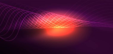 Parlak neon dalgalar. Neon ışığı ya da lazer gösterisi, elektrik akımı, güç hatları, tekno kuantum enerji dürtüsü, parlayan sihirli dinamik çizgiler.