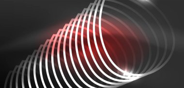 Neon lazer hatları, daire dalgaları soyut arkaplan. Neon ışığı ya da lazer gösterisi, elektrik akımı, güç hatları, tekno kuantum enerji dürtüsü, parlayan sihirli dinamik çizgiler.