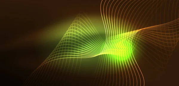 輝くネオン波 ネオンライトやレーザーショー 電気インパルス パワーライン テクノ量子エネルギーインパルス 魔法の輝くダイナミックライン — ストックベクタ