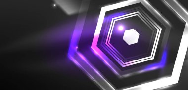 Altıgen soyut arkaplan. Duvar kağıdı, afiş, arkaplan, iniş sayfası, duvar sanatı, davetiye, baskılar için tekno parlayan neon altıgen şekiller vektör ilüstrasyonunu şekillendirir