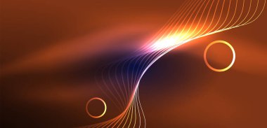 Neon lazer hatları, daire dalgaları soyut arkaplan. Neon ışığı ya da lazer gösterisi, elektrik akımı, güç hatları, tekno kuantum enerji dürtüsü, parlayan sihirli dinamik çizgiler.