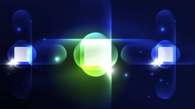 Soyut arkaplan iniş sayfası, parlak formlar üzerinde enerji etkisi konsepti, mavi parıldayan neon ışık yansımalı cam geometrik şekiller.