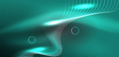 Neon çizgileri ve dalgalar soyut arkaplan. Duvar kağıdı, pankart, arkaplan, iniş sayfası, duvar sanatı, davetiye, baskılar, posterler için parlayan tekno neon şekiller vektör ilülasyonu