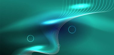 Neon lazer hatları, daire dalgaları soyut arkaplan. Neon ışığı ya da lazer gösterisi, elektrik akımı, güç hatları, tekno kuantum enerji dürtüsü, parlayan sihirli dinamik çizgiler.