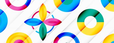 Canlı ve göz alıcı vektör arkaplanı, modern ve moda tasarımlar için mükemmel düzenlenmiş renkli çemberlerden oluşan bir şebeke içeriyor.