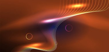 Neon lazer hatları, daire dalgaları soyut arkaplan. Neon ışığı ya da lazer gösterisi, elektrik akımı, güç hatları, tekno kuantum enerji dürtüsü, parlayan sihirli dinamik çizgiler.