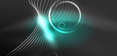 Neon çizgileri ve dalgalar soyut arkaplan. Duvar kağıdı, pankart, arkaplan, iniş sayfası, duvar sanatı, davetiye, baskılar, posterler için parlayan tekno neon şekiller vektör ilülasyonu