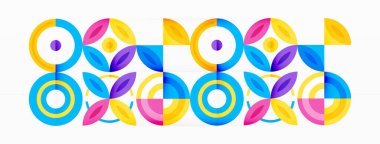 Soyut arkaplan - minimalist daireler ve çeşitli boyutlarda daireler ve diğer geometrik şekillerle yuvarlak elementler bileşimi. Elementler simetrik olarak şebekeye benzer bir şekilde dizilmiştir.