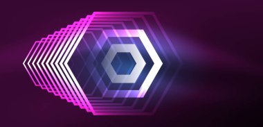 Soyut arka plan tekno neon altıgenleri. Duvar kağıdı, afiş, arkaplan, iniş sayfası, duvar resimleri, davetiye, baskılar, posterler için yüksek teknoloji vektör ilüstrasyonuName