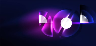 Neon yuvarlak şekiller, çizgiler ve üçgen elementler. Duvar kağıdı, afiş, arkaplan, iniş sayfası, duvar resimleri, davetiyeler, posterler için yüksek teknoloji tasarımı