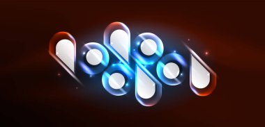 Neon parlayan geometrik şekiller vektör soyut arkaplanı. Yuvarlak elementler, ışık efektleri ve renk arkaplanlı parlak cam. Uzay kozmik ya da sihirli enerji duvar kağıdı