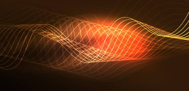 Parlak neon dalgalar. Neon ışığı ya da lazer gösterisi, elektrik akımı, güç hatları, tekno kuantum enerji dürtüsü, parlayan sihirli dinamik çizgiler.