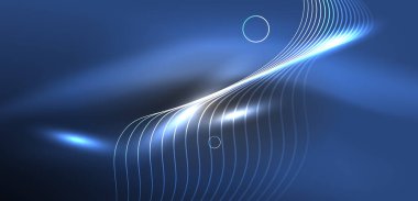 Neon lazer hatları, daire dalgaları soyut arkaplan. Neon ışığı ya da lazer gösterisi, elektrik akımı, güç hatları, tekno kuantum enerji dürtüsü, parlayan sihirli dinamik çizgiler.