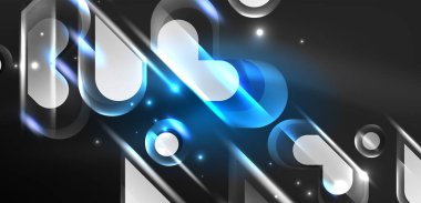 Soyut arkaplan parlayan neon ışıklı geometrik şekiller. Duvar kağıdı, bayrak, arkaplan, kart, kitap illüstrasyonu, iniş sayfası için uzay kozmik ya da sihirli enerji vektör duvar kağıdı