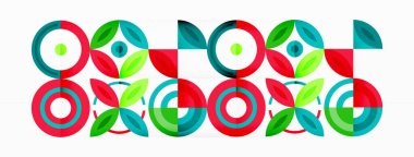 Soyut arkaplan - minimalist daireler ve çeşitli boyutlarda daireler ve diğer geometrik şekillerle yuvarlak elementler bileşimi. Elementler simetrik olarak şebekeye benzer bir şekilde dizilmiştir.