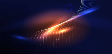 Neon lazer hatları, daire dalgaları soyut arkaplan. Neon ışığı ya da lazer gösterisi, elektrik akımı, güç hatları, tekno kuantum enerji dürtüsü, parlayan sihirli dinamik çizgiler.