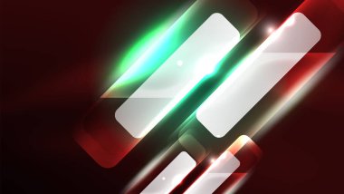 Soyut arka plan iniş sayfası, geometrik şekil koyu arkaplanda parlayan neon ışıkla aydınlatılmış. Gelecekçi şehir ışıkları konsepti