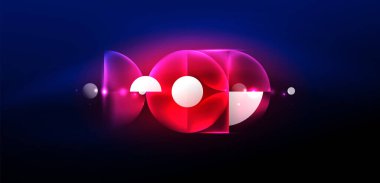 Soyut arka plan, parlak parlak neon rengi elementler ve daireler. Duvar kağıdı, bayrak, arkaplan, kart, kitap illüstrasyonu, iniş sayfası için tekno fütüristik vektör ilülasyonu