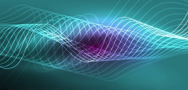 Parlak neon dalgalar. Neon ışığı ya da lazer gösterisi, elektrik akımı, güç hatları, tekno kuantum enerji dürtüsü, parlayan sihirli dinamik çizgiler.