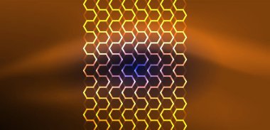 Altıgen soyut arkaplan. Duvar kağıdı, afiş, arkaplan, iniş sayfası, duvar sanatı, davetiye, baskılar için tekno parlayan neon altıgen şekiller vektör ilüstrasyonunu şekillendirir