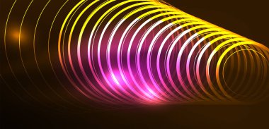 Neon çizgileri ve dalgalar soyut arkaplan. Duvar kağıdı, pankart, arkaplan, iniş sayfası, duvar sanatı, davetiye, baskılar, posterler için parlayan tekno neon şekiller vektör ilülasyonu