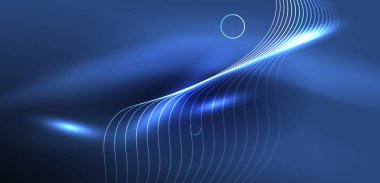 Neon lazer hatları, daire dalgaları soyut arkaplan. Neon ışığı ya da lazer gösterisi, elektrik akımı, güç hatları, tekno kuantum enerji dürtüsü, parlayan sihirli dinamik çizgiler.