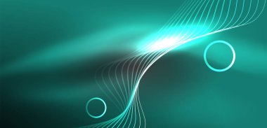 Neon çizgileri ve dalgalar soyut arkaplan. Duvar kağıdı, pankart, arkaplan, iniş sayfası, duvar sanatı, davetiye, baskılar, posterler için parlayan tekno neon şekiller vektör ilülasyonu