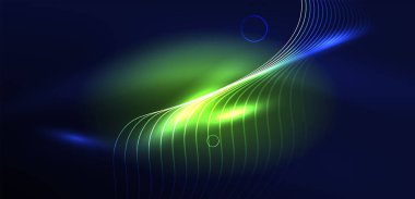 Neon lazer hatları, daire dalgaları soyut arkaplan. Neon ışığı ya da lazer gösterisi, elektrik akımı, güç hatları, tekno kuantum enerji dürtüsü, parlayan sihirli dinamik çizgiler.