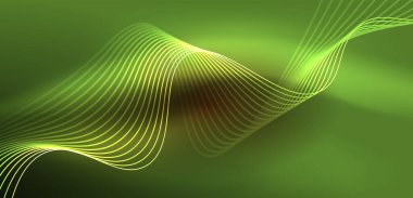 Parlak neon dalgalar. Neon ışığı ya da lazer gösterisi, elektrik akımı, güç hatları, tekno kuantum enerji dürtüsü, parlayan sihirli dinamik çizgiler.