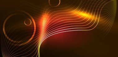 Neon çizgileri ve dalgalar soyut arkaplan. Duvar kağıdı, pankart, arkaplan, iniş sayfası, duvar sanatı, davetiye, baskılar, posterler için parlayan tekno neon şekiller vektör ilülasyonu