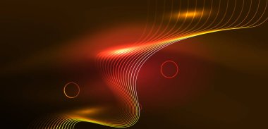 Neon çizgileri ve dalgalar soyut arkaplan. Duvar kağıdı, pankart, arkaplan, iniş sayfası, duvar sanatı, davetiye, baskılar, posterler için parlayan tekno neon şekiller vektör ilülasyonu