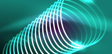 Neon çizgileri ve dalgalar soyut arkaplan. Duvar kağıdı, pankart, arkaplan, iniş sayfası, duvar sanatı, davetiye, baskılar, posterler için parlayan tekno neon şekiller vektör ilülasyonu