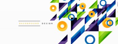 Renkli üçgenler ve soyut çemberler. Duvar kağıdı, afiş, arkaplan, iniş sayfası, duvar sanatı, davetiye, baskılar, posterler için tasarım