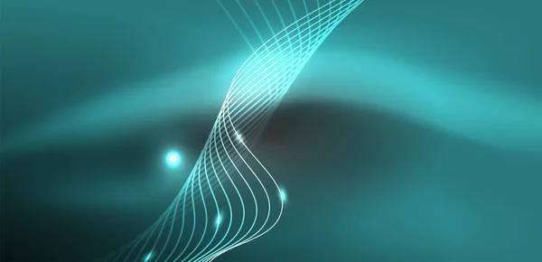 Glänsande Glödande Neonvåg Neonljus Eller Lasershow Elektrisk Impuls Kraftledningar Teknokvantenergi — Stock vektor