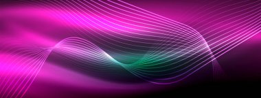 Parlayan neon dalga soyut arkaplan - canlı, ışıltılı dalgalar büyüleyici ve heyecan verici bir ekran içinde titreşiyor