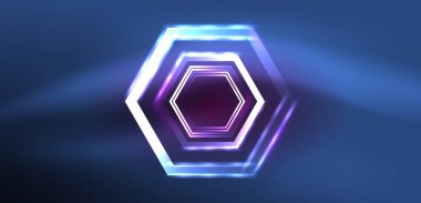 Soyut arka plan tekno neon altıgenleri. Duvar kağıdı, afiş, arkaplan, iniş sayfası, duvar resimleri, davetiye, baskılar, posterler için yüksek teknoloji vektör ilüstrasyonuName