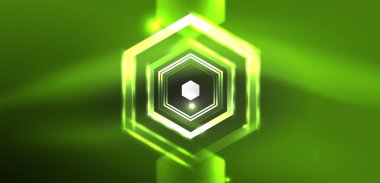 Soyut arka plan tekno neon altıgenleri. Duvar kağıdı, afiş, arkaplan, iniş sayfası, duvar resimleri, davetiye, baskılar, posterler için yüksek teknoloji vektör ilüstrasyonuName