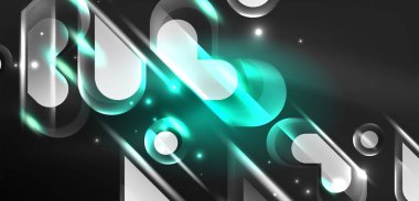 Neon parlayan geometrik şekiller vektör soyut arkaplanı. Yuvarlak elementler, ışık efektleri ve renk arkaplanlı parlak cam. Uzay kozmik ya da sihirli enerji duvar kağıdı