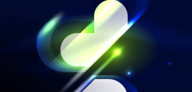 Soyut arkaplan parlayan neon ışıklı geometrik şekiller. Duvar kağıdı, bayrak, arkaplan, kart, kitap illüstrasyonu, iniş sayfası için uzay kozmik ya da sihirli enerji vektör duvar kağıdı