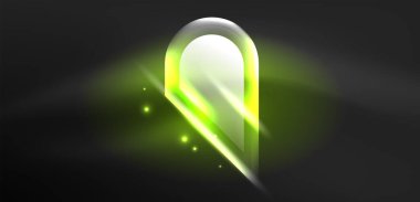 Neon parlayan geometrik şekiller vektör soyut arkaplanı. Yuvarlak elementler, ışık efektleri ve renk arkaplanlı parlak cam. Uzay kozmik ya da sihirli enerji duvar kağıdı