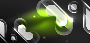 Neon parlayan geometrik şekiller vektör soyut arkaplanı. Yuvarlak elementler, ışık efektleri ve renk arkaplanlı parlak cam. Uzay kozmik ya da sihirli enerji duvar kağıdı