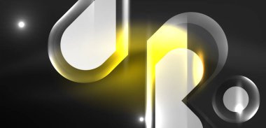 Neon parlayan geometrik şekiller vektör soyut arkaplanı. Yuvarlak elementler, ışık efektleri ve renk arkaplanlı parlak cam. Uzay kozmik ya da sihirli enerji duvar kağıdı