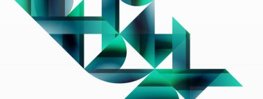 Beyaz zemin üzerinde canlı renk üçgenleri ve daireler dijital tasarımlar, sunumlar, web sitesi afişleri, sosyal medya paylaşımları için büyüleyici ve uyumlu bir kompozisyon oluşturmak için iç içe geçmiştir.