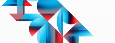 Beyaz zemin üzerinde canlı renk üçgenleri ve daireler dijital tasarımlar, sunumlar, web sitesi afişleri, sosyal medya paylaşımları için büyüleyici ve uyumlu bir kompozisyon oluşturmak için iç içe geçmiştir.