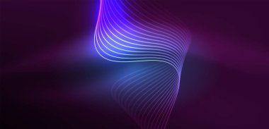 Parlak neon dalgalar. Neon ışığı ya da lazer gösterisi, elektrik akımı, güç hatları, tekno kuantum enerji dürtüsü, parlayan sihirli dinamik çizgiler.