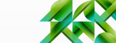 Beyaz zemin üzerinde canlı renk üçgenleri ve daireler dijital tasarımlar, sunumlar, web sitesi afişleri, sosyal medya paylaşımları için büyüleyici ve uyumlu bir kompozisyon oluşturmak için iç içe geçmiştir.