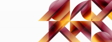 Beyaz zemin üzerinde canlı renk üçgenleri ve daireler dijital tasarımlar, sunumlar, web sitesi afişleri, sosyal medya paylaşımları için büyüleyici ve uyumlu bir kompozisyon oluşturmak için iç içe geçmiştir.